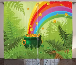 Штора ABAKUHAUS Клевер в деревенском стиле, Горшок с монетами и радугой, для спальни, присборенная, с петлями и крючками, 280 x 225 см, многоцветная, яблочно-зеленая Abakuhaus
