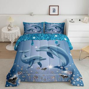 Erosebridal Комплект постельного белья Dolphin с синими стразами и морским декором, Sliver Blue White