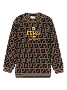 Джемпер с вышитым логотипом и узором FF FENDI KIDS, коричневый