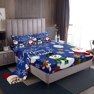 Erosebridal Комплект постельного белья с новогодним принтом оленей Санты и снеговиков, Blue White Red