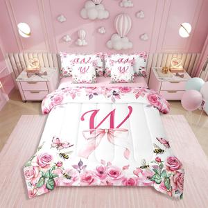 Erosebridal Комплект постельного белья Initial Letter с бантами и алфавитом A-Z, 7 предметов, Pink Green Gold