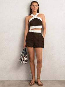 Шорты Rebecca из чистого льна с цветными блоками Reiss, Chocolate/Cream