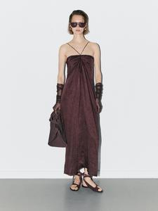 Платье миди из атласа с драпировкой - студия Massimo Dutti, бордовый