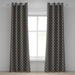 Винтажная штора на люверсах ABAKUHAUS, классическая геометрическая композиция с цветочными элементами, викторианское вдохновение, декоративные двухпанельные шторы, 280 см x 175 см, светло-голубой кораллово-красный