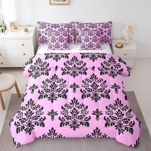 Erosebridal Готический комплект постельного белья Damask в розово-черной цветовой гамме, богемный ретро стиль с экзотическим цветочным принтом, Pink Black