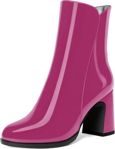Женские ботильоны с молнией, лаковые, повседневные, круглый носок, устойчивый высокий каблук, высота голенища 3,3 дюйма DEMOSHINE, Magenta