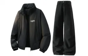 Повседневная спортивная одежда унисекс с воротником стойкой утепленная X1617, twiсветло-черный puffer jacket+черный pants