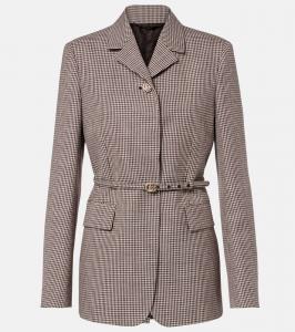 Двубортный шерстяной пиджак с поясом в клетку Double G Gucci, Pink/Brown