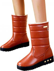 Женские зимние сапоги Hbeylia на платформе с меховой подкладкой, теплые кожаные с массивной подошвой, без застежки, балетки, высокие сапоги до середины икры с широкой голенью, термоподлежка, противоскользящей подошвой, для холодной погоды, Coffee