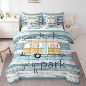 Erosebridal Комплект постельного белья Happy Camping с уютным рисунком в стиле кемпинга, желтый дизайн с автомобилем и амбарной дверью, Yellow Blue