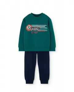 Детский комплект: худи с принтом спереди и брюки Boboli, зеленый/темно-синий