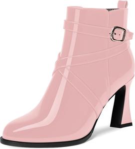 Женские повседневные ботильоны NUMALEO с перекрестным ремешком, теплой пряжкой, лакированные, с округлым носком, на открытом воздухе, с блочным высоким каблуком 3,3 дюйма, Pink