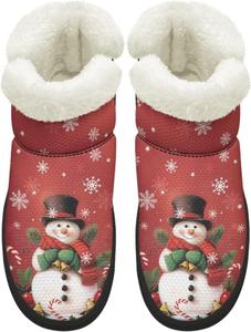 Зимние ботинки KEIAHUAN для женщин, уличная обувь для ходьбы босиком, теплые снежные сапожки с пушистым воротником, Christmas Snowman-Red