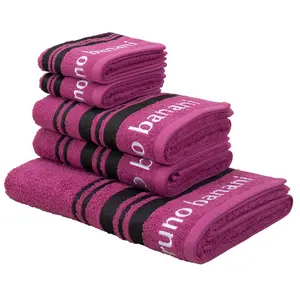 Набор полотенец Daniel, 1 полотенце для душа 70x140, 2 полотенца 50x100, 2 гостевых полотенца 30x50 Набор из 5 шт. махровая ткань с полосатой каймой и логотипом бренда, 100% хлопок Bruno Banani, Beere