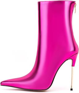 LINMUYOUJIA Женские модные металлические темно-зеленые ботинки с острым носком, высокие ботильоны на шпильке, праздничные туфли с задней молнией, острый носок, фиолетовые, золотые и серебряные каблуки