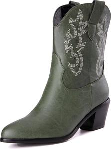 Женские ботинки выше щиколотки Alsoloveu в ковбойском стиле с вышивкой, западного типа, с заостренным носком и средним каблуком, Green