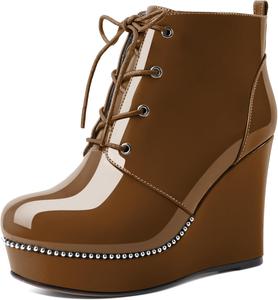 Женские ботильоны Eldof Wedge с круглым носком, шнуровкой и бисером, высокие на каблуке 4 дюйма, из лакированной кожи, Brown