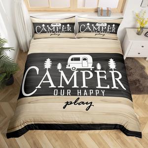 Erosebridal Комплект постельного белья Happy Camping для детей и взрослых в деревенском стиле с принтом в тематике кемпинга, Brown Black