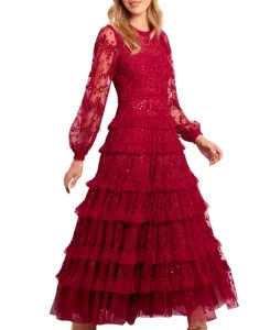 Платье с длинными рукавами и кружевом до щиколотки Blossom Needle & Thread, красный