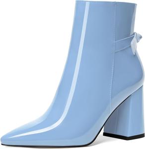 Женские ботильоны AMBELIGHT с острым носком на молнии для свиданий, лаковые, с широким каблуком 3,3 дюйма, Light Blue