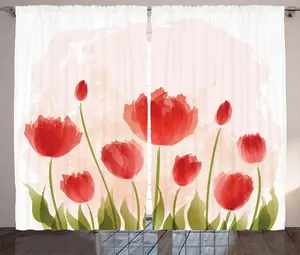 Шторы ABAKUHAUS Floral Rustic с романтическими цветами тюльпанов, универсальные ленточные шторы для гостиной с петлями и крючками, 280 x 225 см, ярко-персиковый, зеленый Abakuhaus