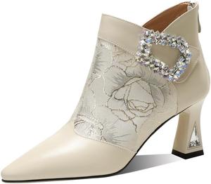 Женские ботильоны TinaCus с заостренным носком из натуральной кожи с шелковой вышивкой, ручной работы, с хрустальной пряжкой, на молнии, с средним каблуком, Beige