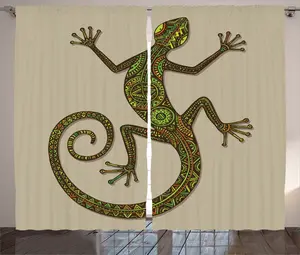 ABAKUHAUS Яркая штора в деревенском стиле с рисунком ящерицы, присборенная штора из тесьмы для спальни с петлями и крючками, 280 x 245 см, цвет: зеленый, бежевый Abakuhaus