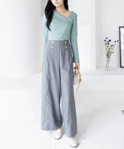 Брюки с высокой талией и широкими штанинами, с двумя пуговицами [Для особых случаев, торжественный стиль, элегантные брюки]