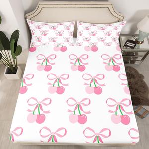 Erosebridal Комплект постельного белья Kawaii Ribbon Bow с японскими вишнями и акварельными бантами, Pink and Green
