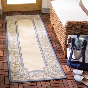 Ковер SAFAVIEH, 69 x 305 см, Washable коллекции Outdoor Courtyard - ковер-дорожка, Natural & Blue, без линьки и легкий в уходе, идеально для патио, прихожей, гардеробной, коридора, кухни (CY2965-3101)