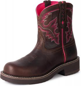 Женские ковбойские ботинки с круглым носком, короткие западные ковбойские сапоги, на высокой подошве, вышитые, из цельной кожи Palitutu, Brown/Pink