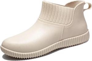 Женские модные дождевые ботинки до щиколотки, с низким верхом, водонепроницаемые, с противоскользящей толстой подошвой, на плоском каблуке, с круглым носком, без шнурков Generic, White