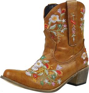 Женские ковбойские ботинки с цветочной вышивкой, заостренный носок, массивный каблук, ретро стиль, средняя высота голенища Generic, Khaki