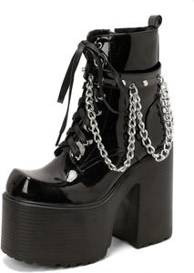 Женские платформенные ботинки FufoneUS с заклепками и цепочкой, готические ботильоны с высоким массивным каблуком, мотоциклетные, Black