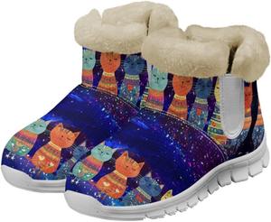 Женские ботинки на щиколотку JoyLamoria с принтом кошек и книг, зимние ботинки с антискользящей подошвой, с мемори-пеной, пушистые, низкие, для любителей кошек, водонепроницаемые и легкие, Cat Starry Sky