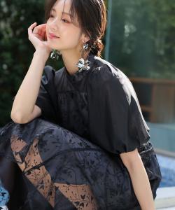 Платье с вышитыми кружевными пышными рукавами для свадеб и вечеринок Pourvous, цвет Black