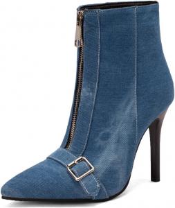 Зимние элегантные ботильоны для женщин с заостренным носком, пряжкой, молнией и высоким каблуком-кубита, короткие осенние ботинки JOEUSTY, Blue-Denim