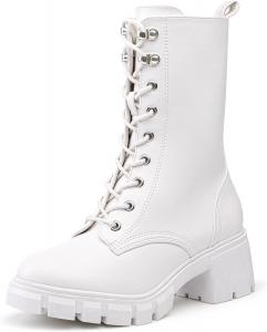 Ботинки для женщин IDIFU IN3 Platform Combat, средней длины, со шнуровкой, с рельефной подошвой, низкий массивный каблук, закрытый круглый носок, боковая молния, модные плотные осенние ботильоны на каблуке - сначала полностью ослабьте все шнурки, White Pu