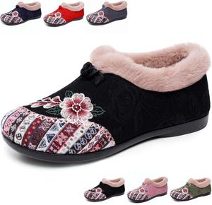 Зимние женские ботинки с теплой плюшевой подкладкой, удобные ботильоны на плоской подошве с вышивкой в виде цветка Generic, Black