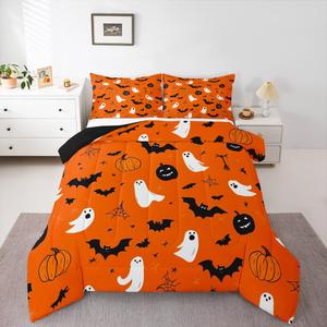 Erosebridal Комплект постельного белья Happy Halloween с принтом привидений, тыкв и пауков в готическом стиле, Orange Black White