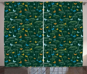 Штора ABAKUHAUS Floral Rustic, зонтик, цветы, бабочки, универсальные ленточные шторы для гостиной с петлями и крючками, 280 x 225 см, цвет "охотничий зеленый", многоцветный Abakuhaus