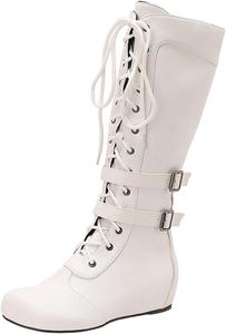 Женские высокие сапоги до колена с кружевной шнуровкой, на танкетке, вестерн-стиля, с пряжкой, округлым носком и боковой молнией Generic, White