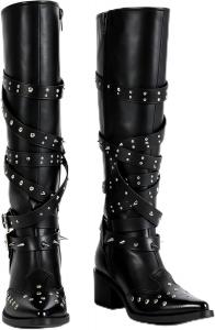 Женские готические панк ботинки на шнуровке с заостренным носком и заклепками - из искусственной кожи, каблук 7,5 см, стиль для вечеринок CTKVbmeoi, Black