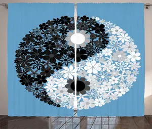 Штора в деревенском стиле Инь-Янь от ABAKUHAUS, абстрактный цветок ромашки, присборенная тесьма для спальни с петлями и крючками, 280 x 225 см, цвет: черный, белый, серый, синий Abakuhaus