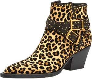 Женские ботильоны FOWT с заостренным носком, на щиколотку, с массивным каблуком средний блок, ботинки Челси с заклепками, модная обувь на все сезоны, размеры 4-16 US, Leopard