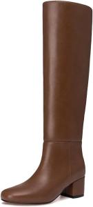 Женские высокие сапоги Athlefit выше колена с массивным низким каблуком, модный круглый носок, Tan