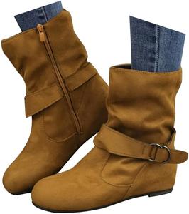 Женские ботильоны с широкой посадкой, средней высоты, модные мягкие замшевые с присборенной отделкой, с круглым носком, без застежки, на низком ходу, повседневные зимние короткие ботинки с классической боковой молнией, противоскользящие Eynuo, Yellow