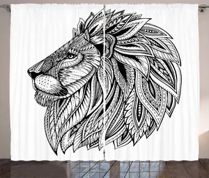 Штора ABAKUHAUS Лев в деревенском стиле, дикое животное Сафари, универсальная ленточная штора для гостиной с петлями и крючками, 280 x 175 см, черно-белая Abakuhaus