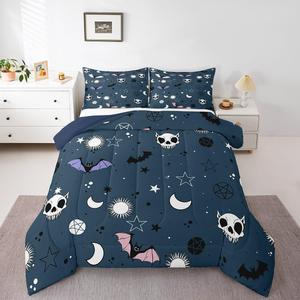 Erosebridal Комплект постельного белья Happy Halloween с принтом призраков, пауков, летучих мышей и черепов в синем цвете, Azure Blue