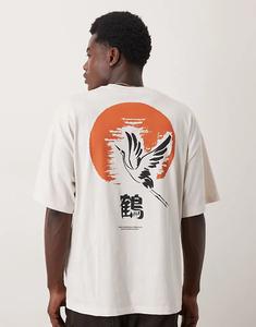 Футболка оверсайз с принтом журавля на спине Selected в кремово-белом цвете